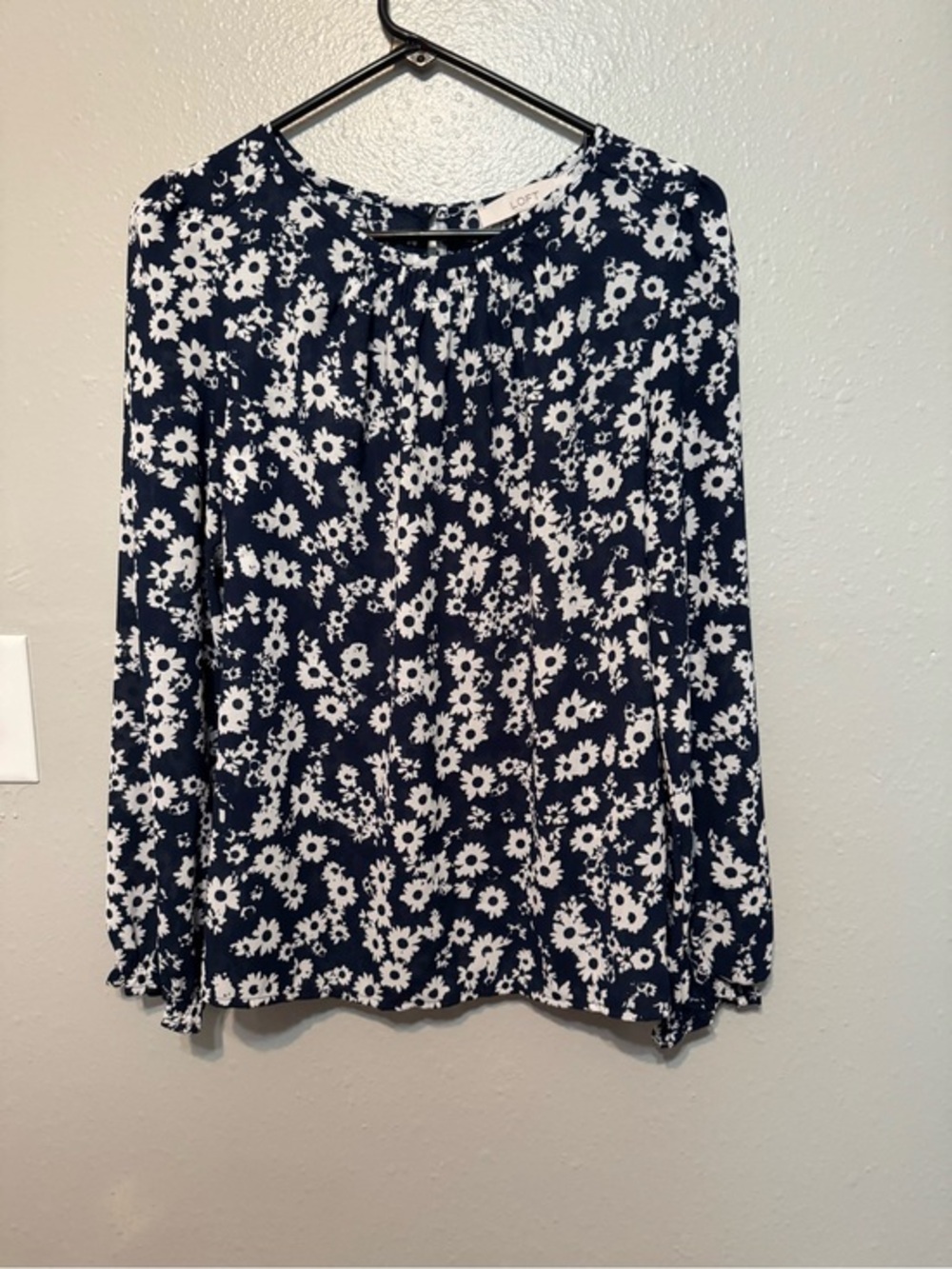 LOFT Navy and White Floral Long Sleeve Top